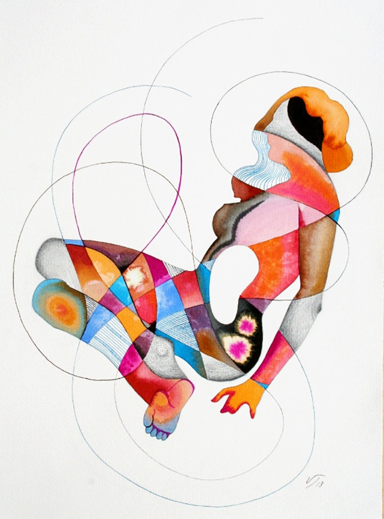 Vanessa Thyes, Piccolo nudo meandrico (2013), 30 x 40 cm, acquerello, lapis, china su carta